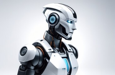 Robot in waist-length profile on an isolated white background. Future concept, technology
