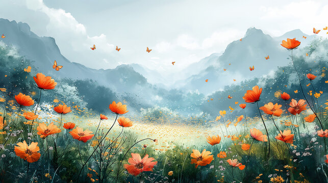 Spring atmosphere. Watercolour illustration. Orange flowers on mountain background. Selective focus. Copy space. 