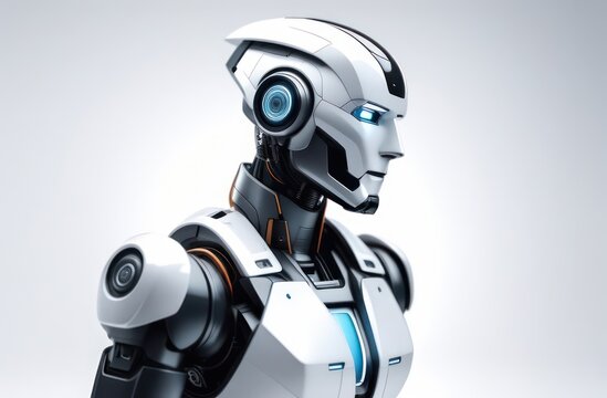 Robot in waist-length profile on an isolated white background. Future concept, technology
