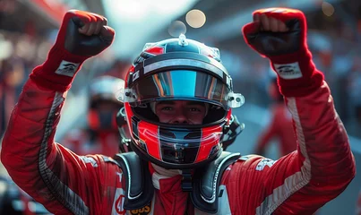 Gardinen Formula one racing team driver cheering, celebrating victory on sports track © anatoliycherkas