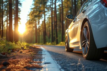 Silver car on a forest road in the rays of the setting sun.
