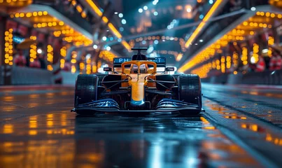 Foto op Plexiglas International race track with racing car at the start. Racer on a racing car passes the track © anatoliycherkas