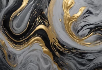 Fotobehang Abstract swirling texture background with acrylic gray and black vortex waves and gold inclusions  © FrameFinesse