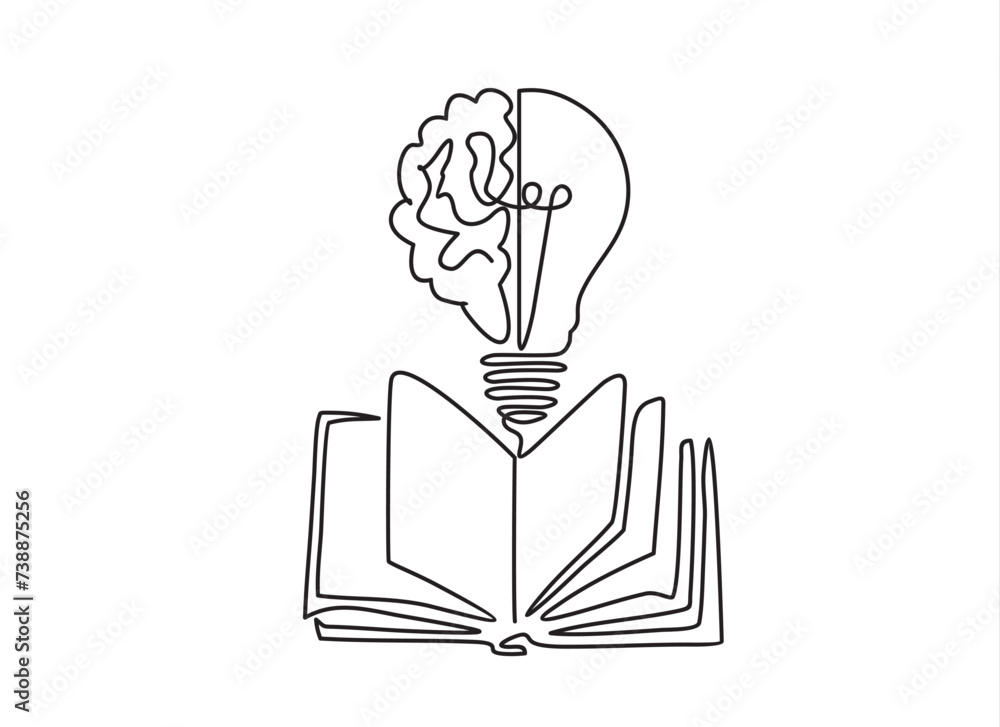Poster one single line drawing of shining light bulb with human brain above open text book logo identity. c
