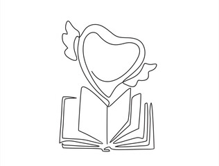 Open book and heart, continuous line vector illustration. one line vector drawing of a book and a heart, concept of love of reading. Black and white hand drawn image.