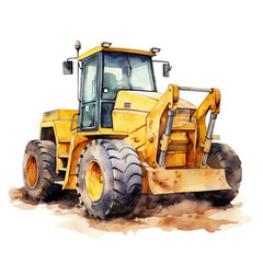Watercolor bulldozer with an auger isolated on a white background
