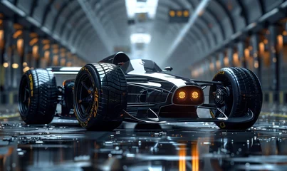 Foto op Canvas Modern generic sports racing black car standing in a dark garage on a pit lane © anatoliycherkas
