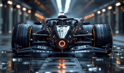 Modern generic sports racing black car standing in a dark garage on a pit lane