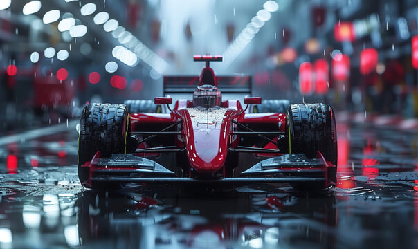 International race track with racing car at the start. Racer on a racing car passes the track