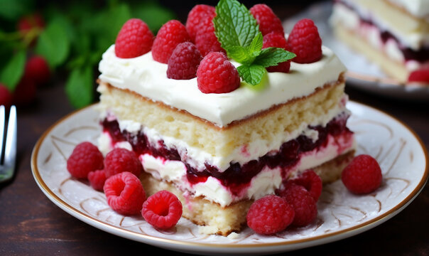 Piece of cake with raspberries and mint on a plate