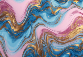Beautiful blue gold and pink waves and swirls Fluid Art Marble effect background or texture