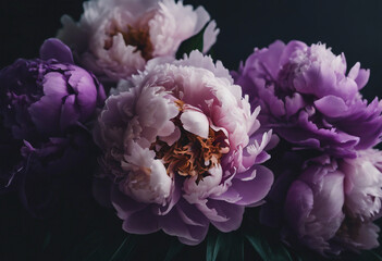 Beautiful purple peonies bouquet on black background soft focus Dark Spring or summer floral background Rich bunch of lilac and white peonies