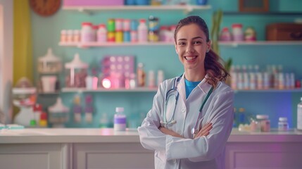 Professional healthcare worker excited to help, diagnose and treat sick patients at a drugstore or clinic dispensary.