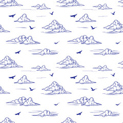 Clouds, and birds, sky, seamless pattern vector illustration, hand drawn, sketch, black outline, engraving style