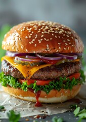 a cheeseburger with lettuce and onions - obrazy, fototapety, plakaty