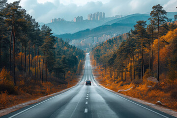 Black car driving on a road surrounded by autumn forest against a city backdrop. - obrazy, fototapety, plakaty