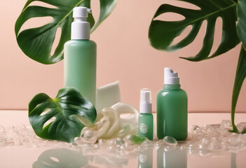 Beauty cosmetic lotion serum bottle with tropic leaves Treatment skincare concept Blank, unbranded cosmetic serum bottle with water splash