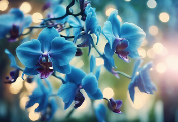 Blue tropical summer background with orchids flowers