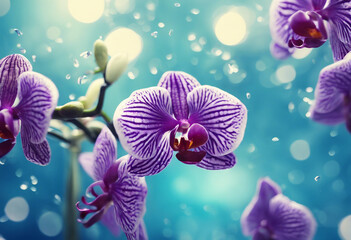 Blue tropical summer background with falling orchids flowers