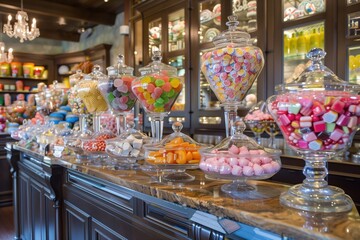 An elegant candy store display featuring an array of glass jars filled with colorful sweets and confections, inviting a sense of nostalgia and sweetness.