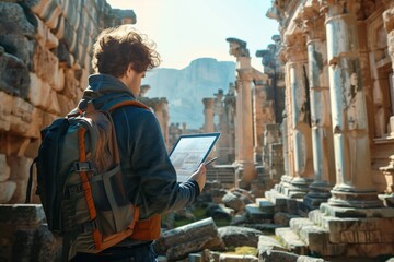 A modern-day explorer with a backpack stands immersed in reading a digital tablet amidst the timeless majesty of ancient column ruins, bridging the gap between past and present