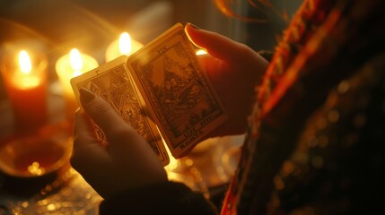 Fototapeta na wymiar Tarot cards illuminated by candlelight, casting an enchanting aura 