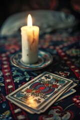 Tarot cards illuminated by candlelight, casting an enchanting aura
