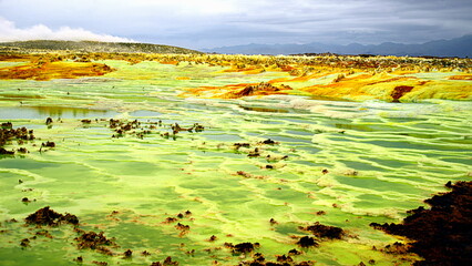 The Danakil desert, in north-eastern Ethiopia, inhabited by a few Afar people, who dedicate themselves to the extraction of salt. The area is known for its volcanoes,extreme heat,depression of 150 mts