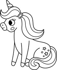 Vector black and white unicorn with horn and mane. Fantasy line sitting animal. Fairytale horse character for kids. Cartoon magic creature icon or coloring page.