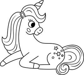 Vector black and white unicorn with horn and mane. Fantasy sitting animal. Fairytale line horse character for kids. Cartoon magic creature icon or coloring page.