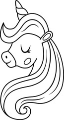Vector black and white unicorn head with horn and mane. Fantasy animal rainbow with closed eyes. Fairytale line horse character for kids. Cartoon magic creature icon or coloring page.