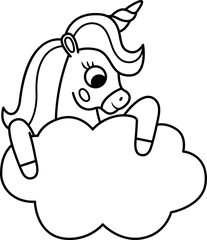 Vector black and white unicorn with horn and pmane. Fantasy animal holding blue cloud with place for text. Fairytale line horse character for kids. Cartoon magic creature icon or coloring page.