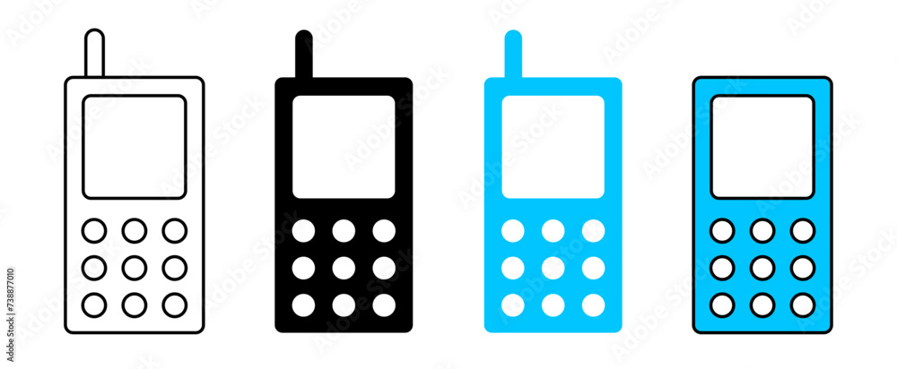 Poster cellphone icon set in fill and outline old retro style with keypad and antenna in black and blue col