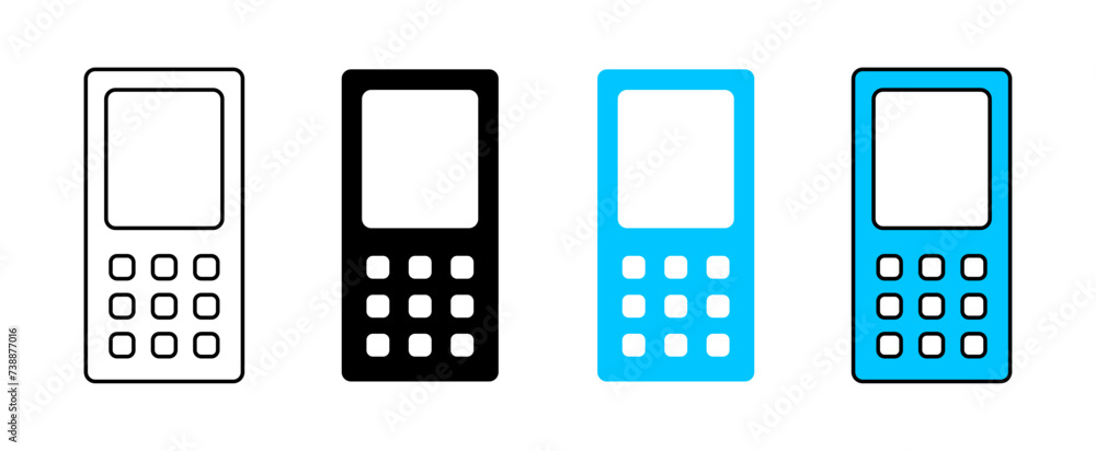 Poster cellphone icon set in fill and outline old retro style with keypad in black and blue color on white 