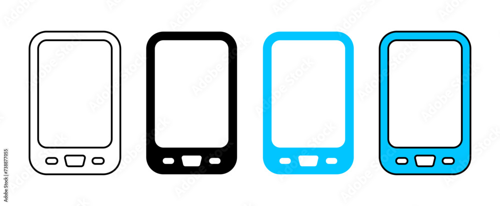 Poster cellphone icon set in fill and outline old retro style with touch screen in black and blue color on 