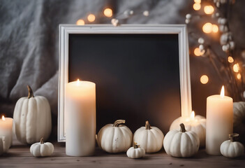Composition with photo frame white pumpkins and candles Mockup Copy space for artwork - Powered by Adobe