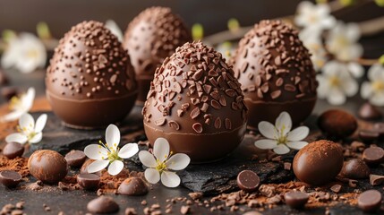 chocolate eggs with sprinkles and white flowers