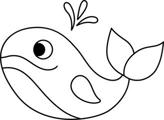 Vector black and white whale illustration for children. Cute line water animal character for kids. Cartoon outline fish icon or coloring page.