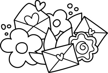 Vector black and white pile of flowers with love letters with hearts. Saint Valentine outline decor concept. Floral line decoration for cards or coloring page isolated on white background.