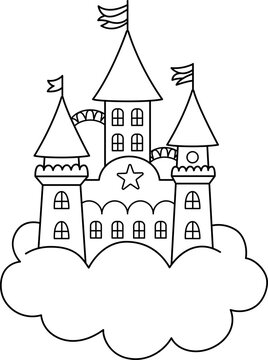 recommend clip art: Vector black and white unicorn castle on cloud. Fantasy world palace line icon with towers, flags, roofs. Fairy tale princess house outline illustration or coloring page.