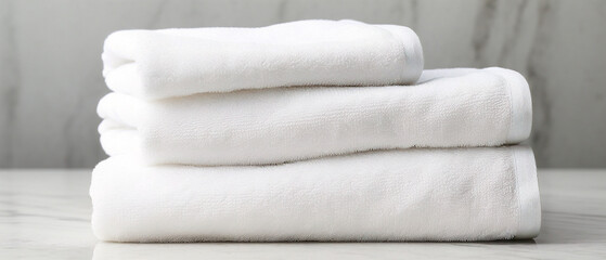 Neatly folded white towels stacked on a surface with a clean and modern aesthetic.