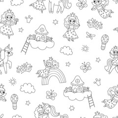 Vector fairy black and white seamless pattern. Fantasy sorceress repeat background with magic wand, crown, house on cloud. Fairytale line digital paper. Magic princess backdrop, coloring page.