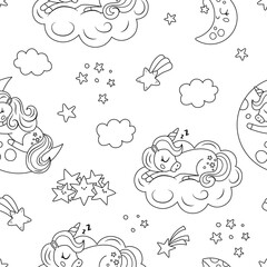 Vector black and white seamless pattern with sleeping unicorns. Repeat background with fairytale characters, falling stars. Fantasy world digital paper. Good night texture, coloring page.