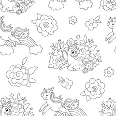 Vector black and white unicorns seamless pattern. Repeat line background with fairytale characters, rainbow, flowers. Fantasy world digital paper or coloring page with floral elements.