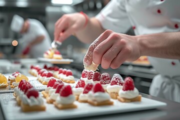 The pastry chef is completing a dessert in a hotel or restaurant kitchen.