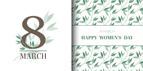 Beautiful set of postcard for March 8 and Women's Day with floral leaf pattern. Modern minimalist and flat design