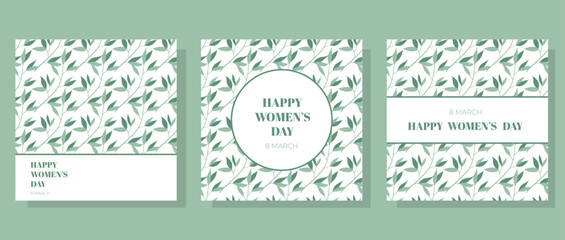 Beautiful set of postcard for March 8 and Women's Day with floral leaf pattern. Modern minimalist and flat design - obrazy, fototapety, plakaty