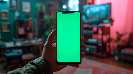 Close up shot of man holding a smartphone with chroma key mock up green screen - technology, connections, communications concept - obrazy, fototapety, plakaty