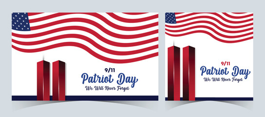 Set of Remembering September 9 11. Patriot Day. September 11. Never Forget USA 9/11. Twin Towers On American Flag. World Trade Center Nine Eleven. Vector Design Template in Red, White, And Blue Colour