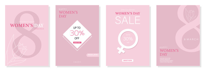 Set of posters or banners with Women's day. 8 March. Special offer discount. Background for sale. Happy Women's day header or voucher template.